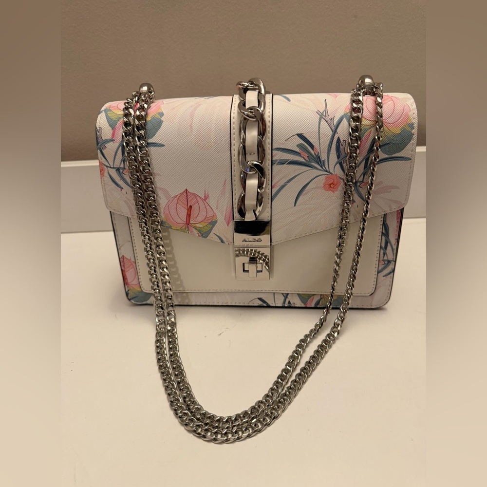 Aldo White Floral Shoulder Bag with Silver Chain